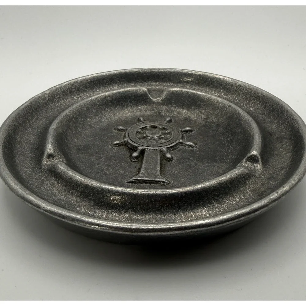 Vintage Nautical Ship Wheel Ashtray Pewter-Look Cast Aluminum Cigarette Tray GUC